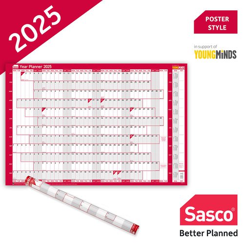 Sasco 2025 Original Year Wall Planner 915W x 610mmH With Wet Wipe Pen & Sticker Pack Unmounted - 2410239 49657AC