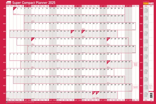 Sasco 2025 Super Compact Year Wall Planner 400W x 285Hmm With Wet Wipe Pen & Sticker Pack Unmounted - 2410241  49664AC