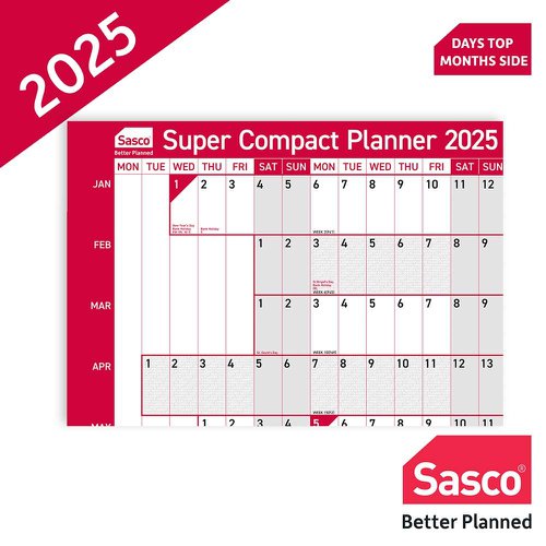 Sasco 2025 Super Compact Year Wall Planner 400W x 285Hmm With Wet Wipe Pen & Sticker Pack Unmounted - 2410241  49664AC