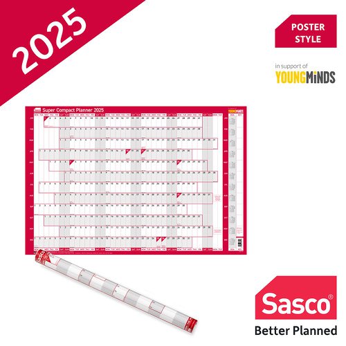 Sasco 2025 Super Compact Year Wall Planner 400W x 285Hmm With Wet Wipe Pen & Sticker Pack Unmounted - 2410241 49664AC