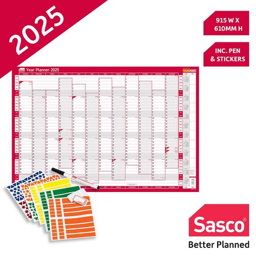 Sasco 2025 Vertical Year Wall Planner 915W x 610mmH With Wet Wipe Pen & Sticker Pack Unmounted - 2410243 49671AC