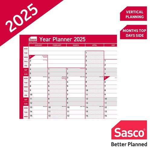 Sasco 2025 Vertical Year Wall Planner 915W x 610mmH With Wet Wipe Pen & Sticker Pack Unmounted - 2410243 49671AC