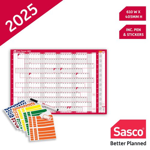 Sasco 2025 Compact Year Wall Planner 610W x 405mmH Landscape With Wet Wipe Pen & Sticker Pack Unmounted - 2410244 49678AC