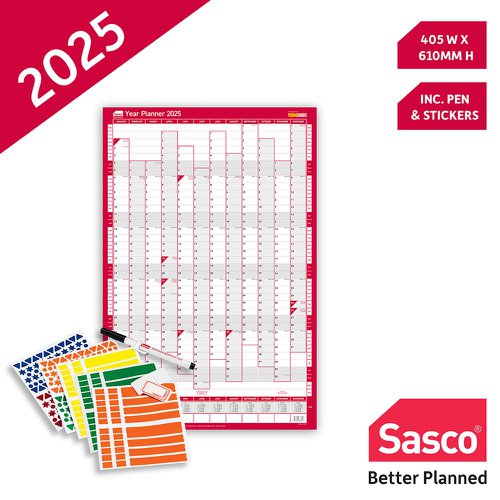 Sasco 2025 Compact Year Wall Planner 610W x 405mmH Portrait With Wet Wipe Pen & Sticker Pack Unmounted - 2410245  49685AC