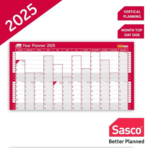 Sasco 2025 Compact Year Wall Planner 610W x 405mmH Portrait With Wet Wipe Pen & Sticker Pack Unmounted - 2410245  49685AC