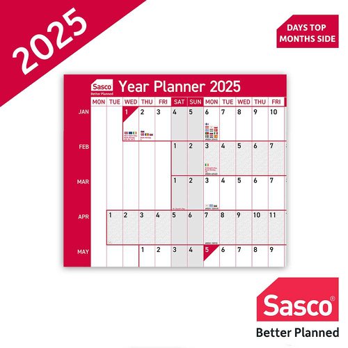 Sasco 2025 EU Year Wall Planner 915W x 610mmH With Wet Wipe Pen & Sticker Pack Board Mounted - 2410246 49692AC