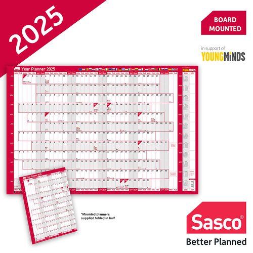 Sasco 2025 EU Year Wall Planner 915W x 610mmH With Wet Wipe Pen & Sticker Pack Board Mounted - 2410246 49692AC