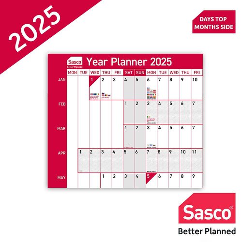 Sasco 2025 EU Year Wall Planner 915W x 610mmH With Wet Wipe Pen & Sticker Pack Unmounted - 2410247 49699AC