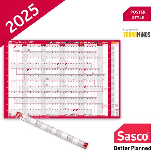 Sasco 2025 EU Year Wall Planner 915W x 610mmH With Wet Wipe Pen & Sticker Pack Unmounted - 2410247 49699AC