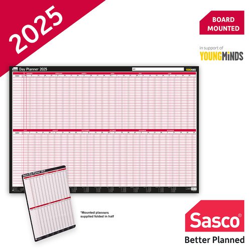 Sasco 2025 Day Wall Planner 915W x 610mmH With Wet Wipe Pen & Sticker Pack Board Mounted - 2410248 49706AC