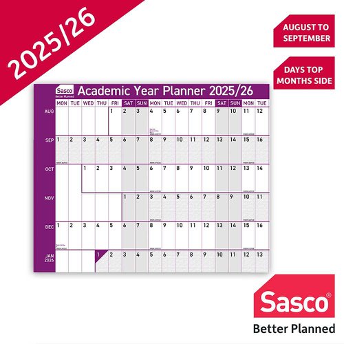 This Sasco Academic year planner is essential for anyone working in education or planning their year around school terms, this wall planner from Sasco runs from August 2024 to July 2025. Use it to help organise your workload or highlight assignment deadlines that can be seen at a glance. This unmounted planner includes clearly marked UK and ROI holidays. Choose Sasco and support Make-A-Wish. This year, Sasco planners are donating to Make-A-Wish UK. Together, we create life-changing wishes for children with critical illnesses.