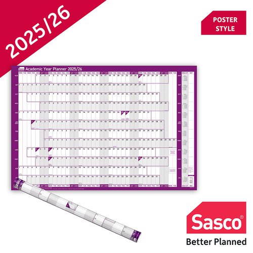 This Sasco Academic year planner is essential for anyone working in education or planning their year around school terms, this wall planner from Sasco runs from August 2024 to July 2025. Use it to help organise your workload or highlight assignment deadlines that can be seen at a glance. This unmounted planner includes clearly marked UK and ROI holidays. Choose Sasco and support Make-A-Wish. This year, Sasco planners are donating to Make-A-Wish UK. Together, we create life-changing wishes for children with critical illnesses.