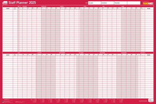 Sasco 2025 Staff Year Wall Planner 915W x 610mmH With Wet Wipe Pen & Sticker Pack Board Mounted - 2410252