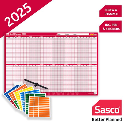 Sasco 2025 Staff Year Wall Planner 915W x 610mmH With Wet Wipe Pen & Sticker Pack Board Mounted - 2410252  49713AC