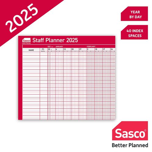 Sasco 2025 Staff Year Wall Planner 915W x 610mmH With Wet Wipe Pen & Sticker Pack Board Mounted - 2410252  49713AC