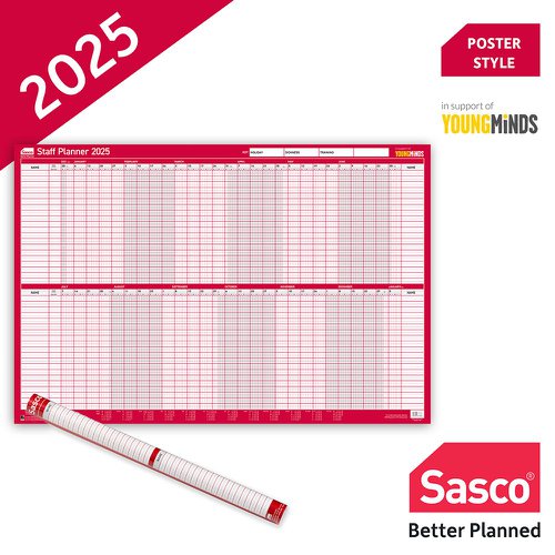 Sasco 2025 Staff Year Wall Planner 915W x 610mmH With Wet Wipe Pen & Sticker Pack Unmounted - 2410253  49720AC