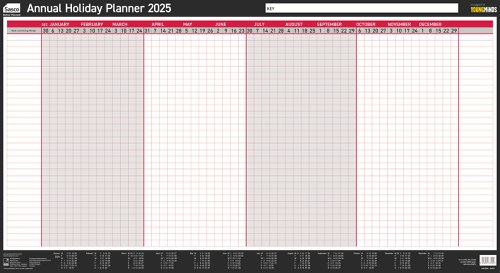 Sasco 2025 Annual Holiday Year Wall Planner 750W x 410Hmm With Wet Wipe Pen & Sticker Pack Unmounted - 2410254