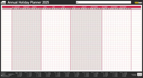 Sasco 2025 Annual Holiday Year Wall Planner 750W x 410Hmm With Wet Wipe Pen & Sticker Pack Unmounted - 2410254 49727AC