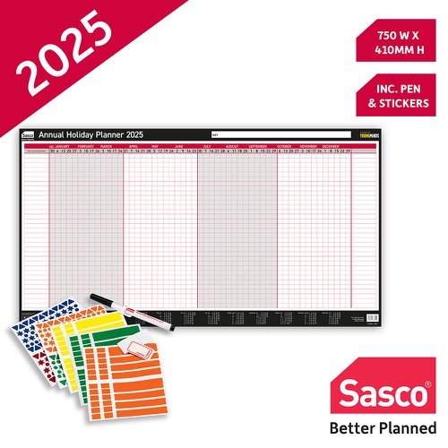 Sasco 2025 Annual Holiday Year Wall Planner 750W x 410Hmm With Wet Wipe Pen & Sticker Pack Unmounted - 2410254 49727AC