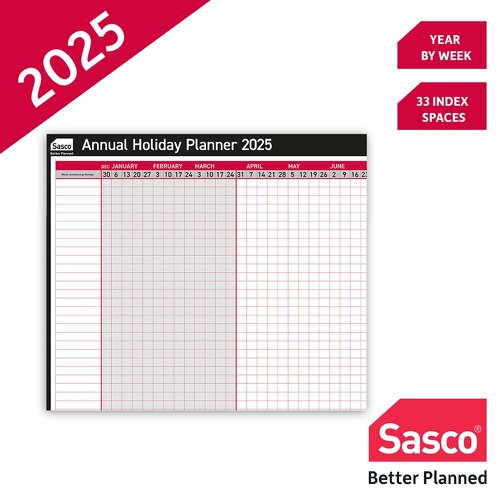 Sasco 2025 Annual Holiday Year Wall Planner 750W x 410Hmm With Wet Wipe Pen & Sticker Pack Unmounted - 2410254 49727AC