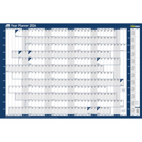Sasco 2026 Original Year Wall Planner with wet wipe pen & sticker pack, Blue, Board Mounted - Outer carton of 10