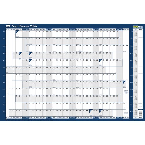 Sasco 2026 Original Year Wall Planner with wet wipe pen & sticker pack, Blue, Poster Style - Outer carton of 10