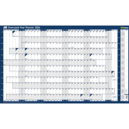 Sasco 2026 Oversized Year Wall Planner with wet wipe pen & sticker pack, Blue, Poster Style - Outer carton of 10