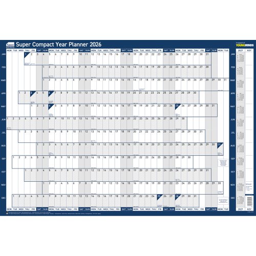 Sasco 2026 Super Compact Year Wall Planner with wet wipe pen & sticker pack, Blue Poster Style - Outer carton of 10
