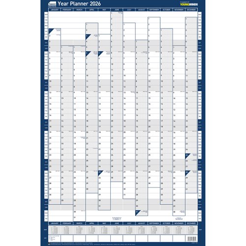 Sasco 2026 Portrait Year Wall Planner with wet wipe pen & sticker pack, Blue, Poster Style - Outer carton of 10