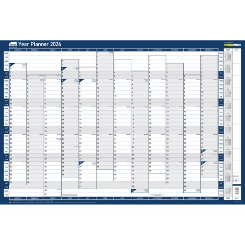 Sasco 2026 Vertical Year Wall Planner with wet wipe pen & sticker pack, Blue, Poster Style - Outer carton of 10