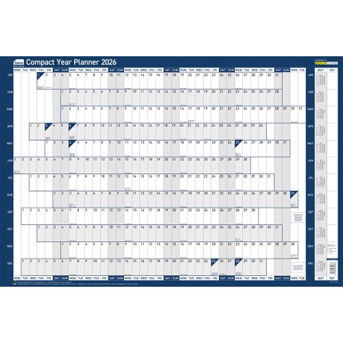 Sasco 2026 Compact Year Wall Planner Landscape with wet wipe pen & sticker pack, Blue, Poster Style - Outer carton of 10