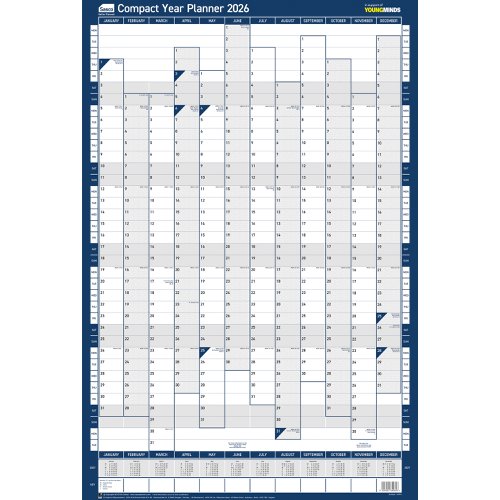 Sasco 2026 Compact Year Wall Planner Portrait with wet wipe pen & sticker pack, Blue, Poster Style - Outer carton of 10