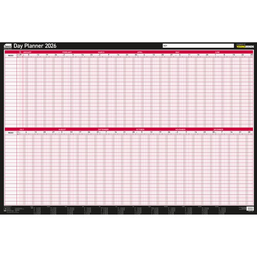 Sasco 2026 Day Wall Planner with wet wipe pen & sticker pack, Black & Red, Board Mounted - Outer carton of 10