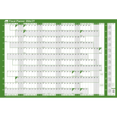 Sasco 2026/27 Fiscal Year Wall Planner with wet wipe pen & sticker pack, Green, Board Mounted - Outer carton of 10