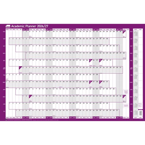 Sasco 2026/27 Academic Year Wall Planner with wet wipe pen & sticker pack, Purple, Board Mounted - Outer carton of 10