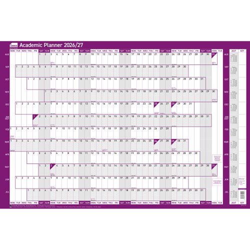 Sasco 2026/27 Academic Year Wall Planner with wet wipe pen & sticker pack, Purple, Poster Style - Outer carton of 10