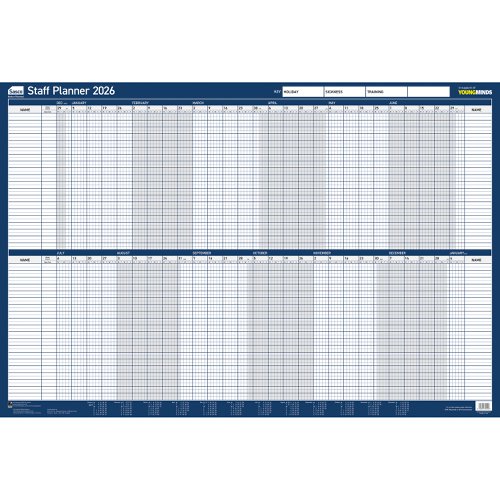 Sasco 2026 Staff Year Wall Planner with wet wipe pen & sticker pack, Blue, Poster Style - Outer carton of 10