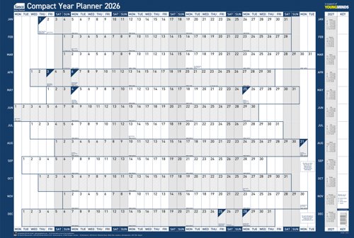 Sasco 2026 Compact Year Wall Planner Portrait with wet wipe pen & sticker pack, Blue, Poster Style - Outer carton of 10