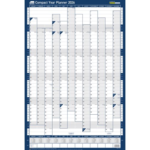Sasco 2026 Compact Year Wall Planner Portrait with wet wipe pen & sticker pack, Blue, Poster Style - Outer carton of 10 2410280 Buy online at Office 5Star or contact us Tel 01594 810081 for assistance