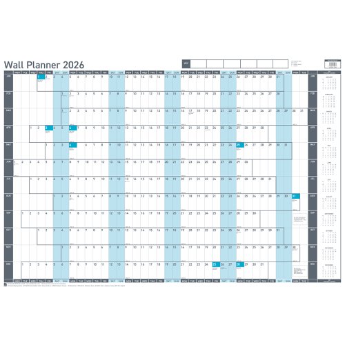 Sasco 2026 Value Year Wall Planner, Blue, Board Mounted - Outer carton of 10