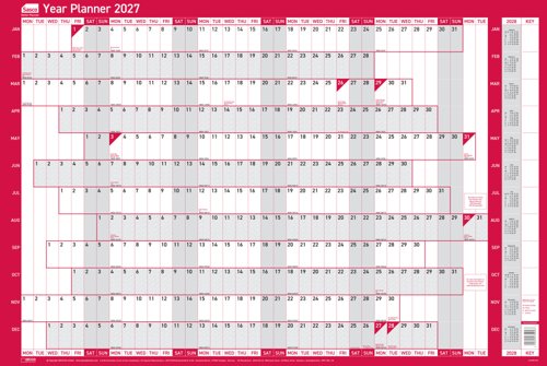 Sasco 2027 Original Year Wall Planner with wet wipe pen, pack of 378 stickers & Today sticker, Red, Poster Style, 915mmW x 610mmH. Outer Carton of 10