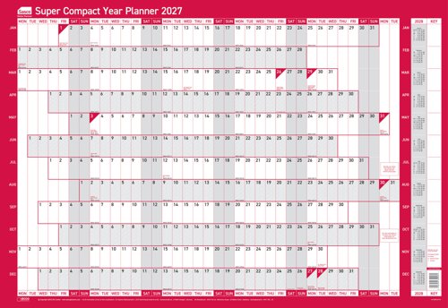 Sasco 2027 Super Compact Year Wall Planner with wet wipe pen & pack of 388 stickers, Red Poster Style, 400mmW x 285Hmm. Outer Carton of 10