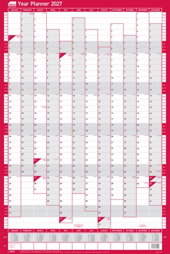 Sasco 2027 Portrait Year Wall Planner with wet wipe pen & pack of 378 stickers, Red, Poster Style, 610Wmm x 915Hmm. Outer Carton of 10