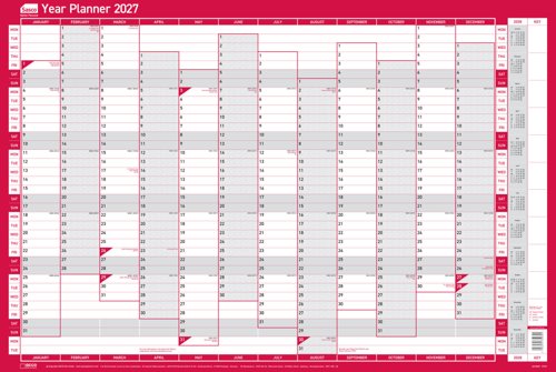 Sasco 2027 Vertical Year Wall Planner with wet wipe pen & pack of 378 stickers, Red, Poster Style, 915mmW x 610Hmm. Outer Carton of 10