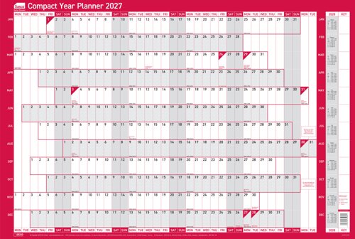Sasco 2027 Compact Year Wall Planner Landscape with wet wipe pen, pack of 388 stickers & Today sticker, Red, Poster Style, 610mmW x 405mmH. Outer Cart