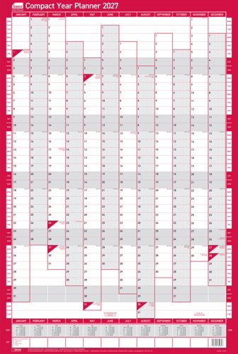 Sasco 2027 Compact Year Wall Planner Portrait with wet wipe pen & pack of 388 stickers, Red, Poster Style, 405mmW x 610mmH. Outer Carton of 10