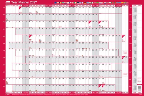 Sasco 2027 EU Year Wall Planner with wet wipe pen & pack of 378 stickers, Red, Poster Style, 915mmW x 610mmH. Outer Carton of 10
