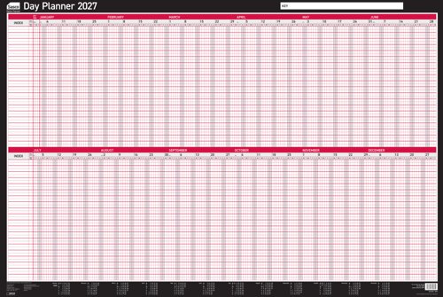 Sasco 2027 Day Wall Planner with wet wipe pen & pack of 700 stickers, Black & Red, Board Mounted, 915mmW x 610mmH. Outer Carton of 10