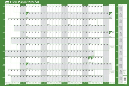 Sasco 2027/28 Fiscal Year Wall Planner with wet wipe pen & pack of 378 stickers, Green, Board Mounted, 915mmW x 610mmH. Outer Carton of 10