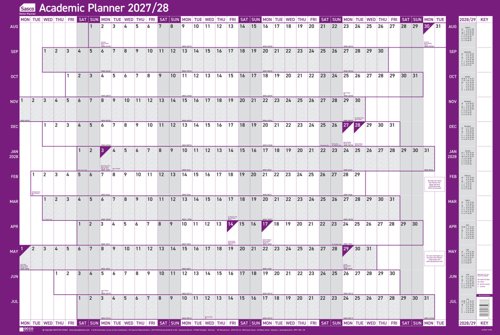 Sasco 2027/28 Academic Year Wall Planner with wet wipe pen & pack of 378 stickers, Purple, Board Mounted, 915mmW x 610mmH. Outer Carton of 10